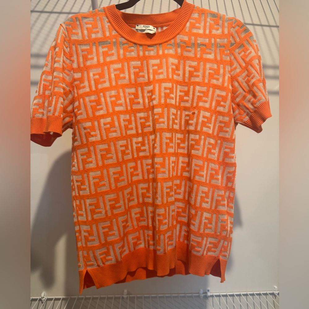 Fendi Vibrant Orange and White Knit Tee